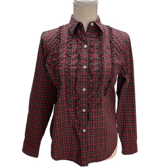 Lauren Ralph Lauren Red Black Plaid Button Front Ruffle Shirt Sz PS 90’s Vtg - Picture 1 of 12